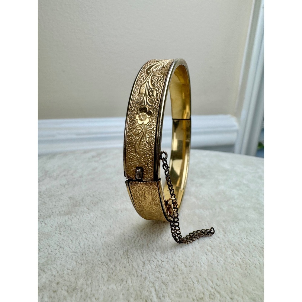 Krementz Vintage Gold Plated Etched Floral Hinged Bangle Bracelet Safety Chain - Picture 8 of 13